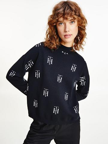 Női Tommy Hilfiger Monogram Mock Neck Pulóverek Fekete | HU 359KOR